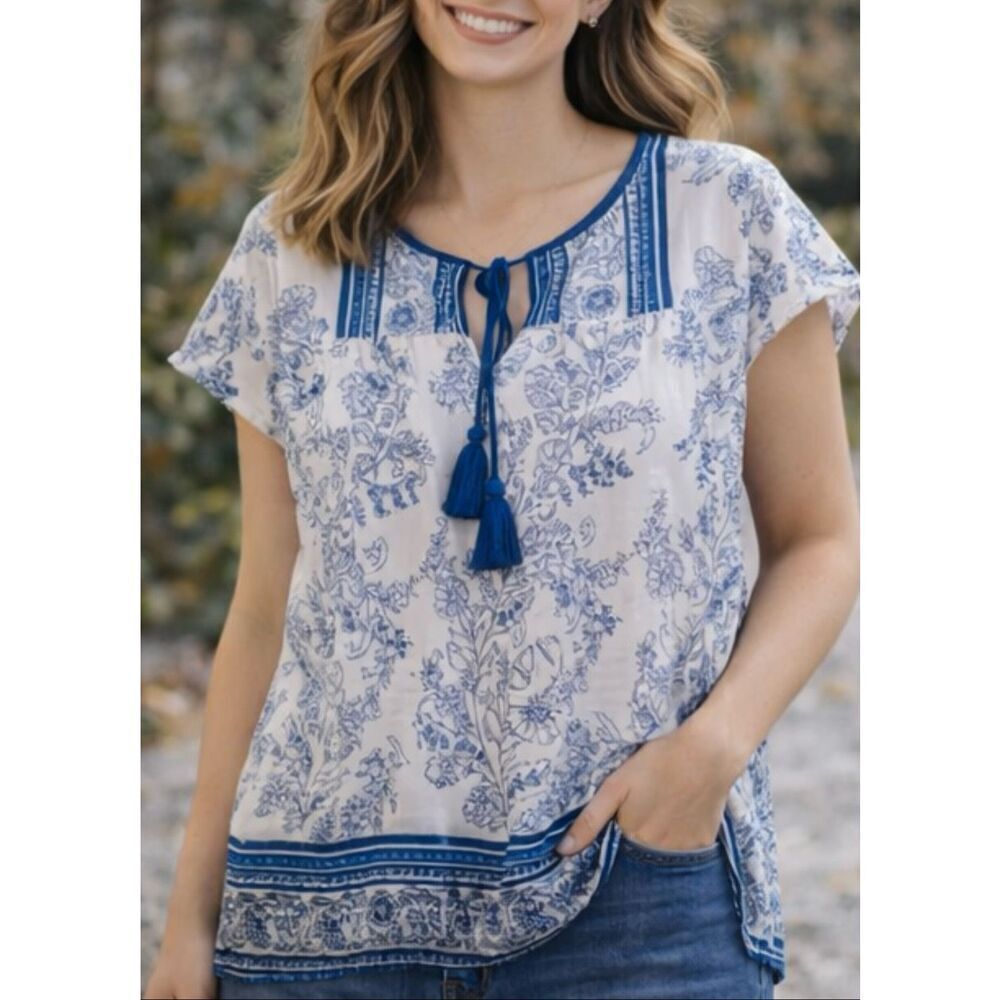 J.Crew Point Sur white and blue tassel the printed blouse small